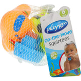 Brightly colored Playgro bath squirtees featuring a turtle, fish, and duck, perfect for engaging infants during water play.