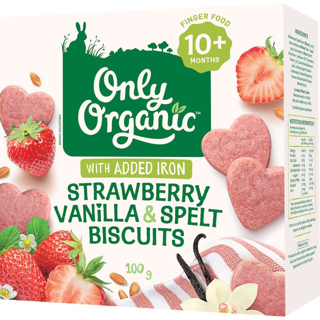 Organic strawberry and vanilla biscuits for babies, free from artificial additives, perfect for on-the-go snacking.