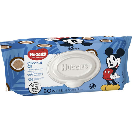Huggies Thick Baby Wipes with coconut oil offer a gentle 3-in-1 clean, made with 90% natural ingredients for delicate skin.