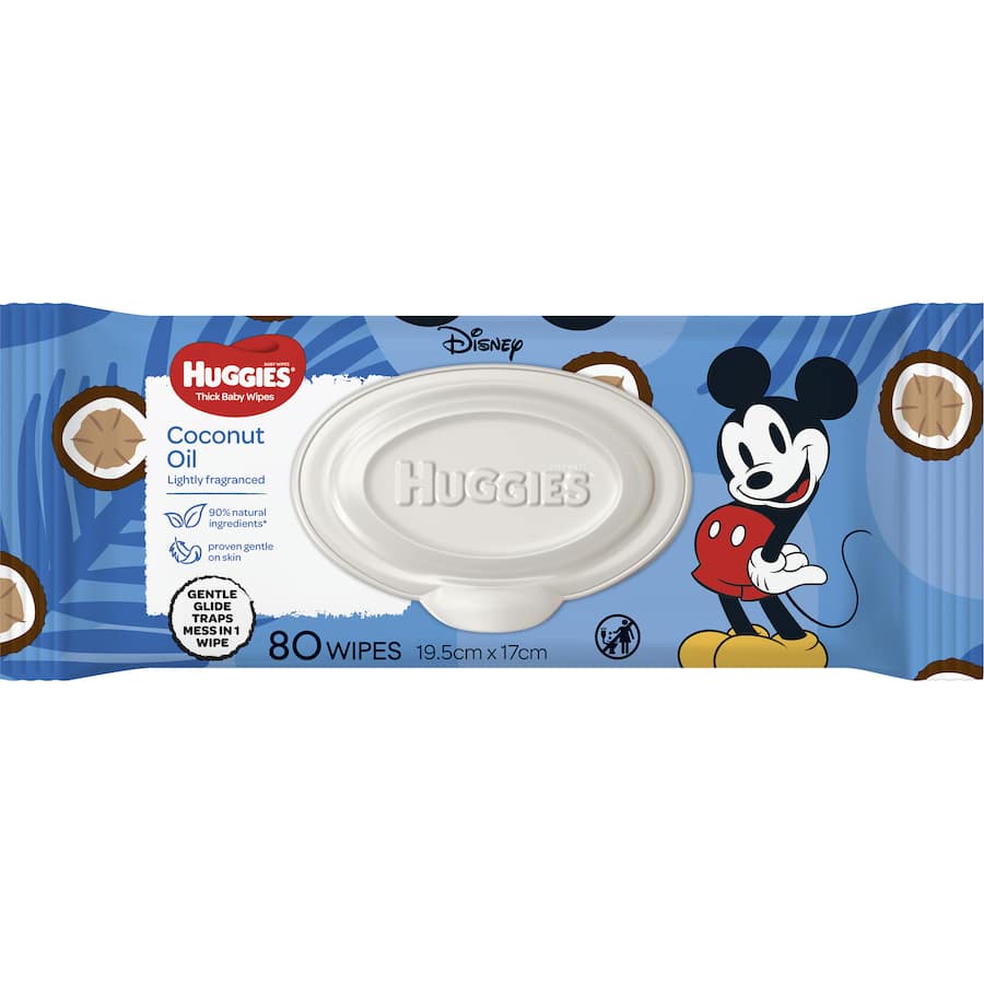 Huggies Thick Baby Wipes with coconut oil, designed for gentle cleaning, softness, and absorbency for delicate baby skin.