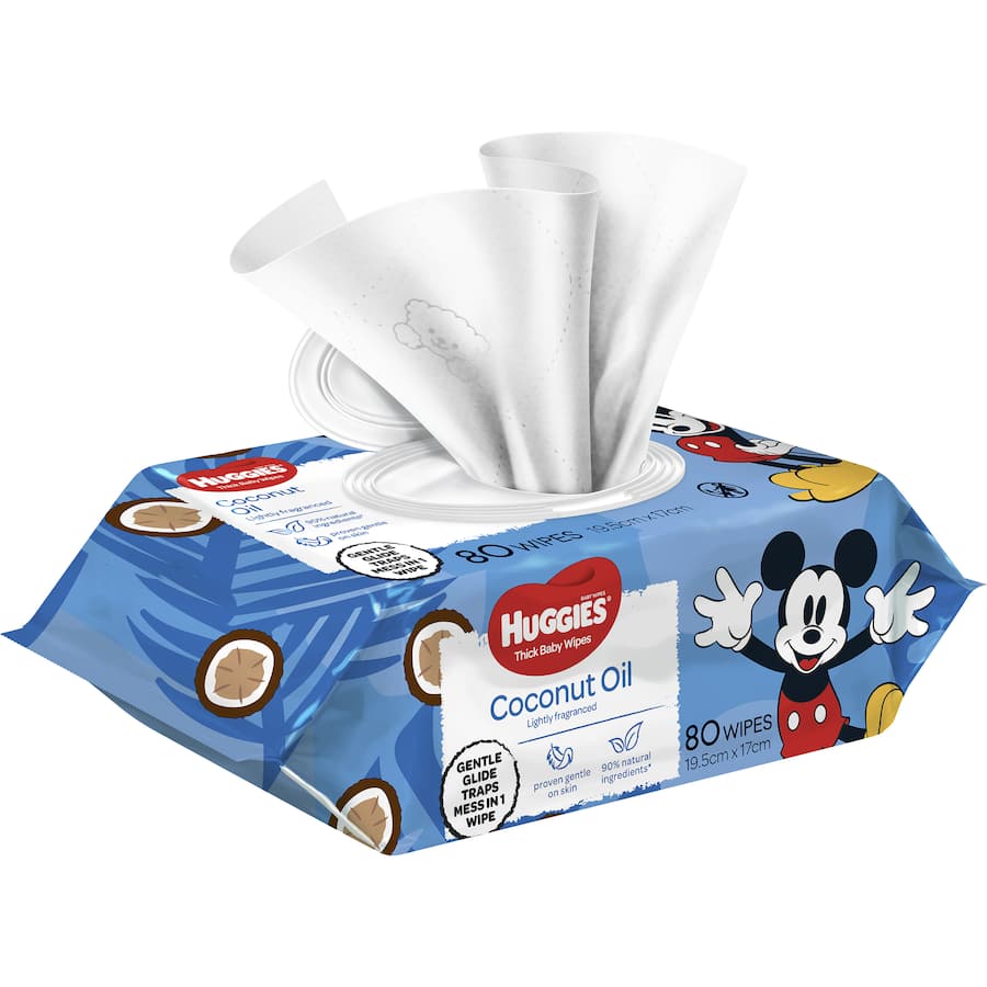 Huggies Thick Baby Wipes with Coconut Oil provide gentle, effective cleaning for baby skin, made from 90% natural ingredients.