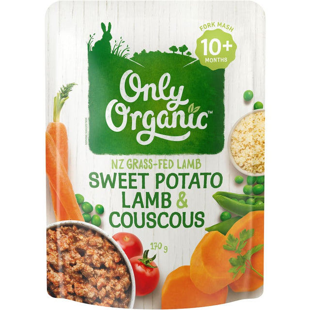 Only Organic baby food featuring sweet potato, lamb, and couscous, perfect for nourishing toddlers aged 10 months and up.