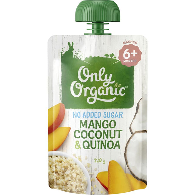 Organic baby food jar featuring a blend of mango, coconut, and quinoa, ideal for introducing solids to infants.