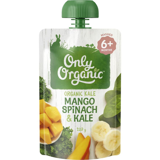 Smooth organic baby food blend of mango, spinach, and kale, perfect for babies transitioning to solid foods.