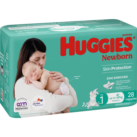 Huggies Newborn Nappies for boys and girls, size 1, offer comfort, wetness indicator, and 12-hour leakage protection.