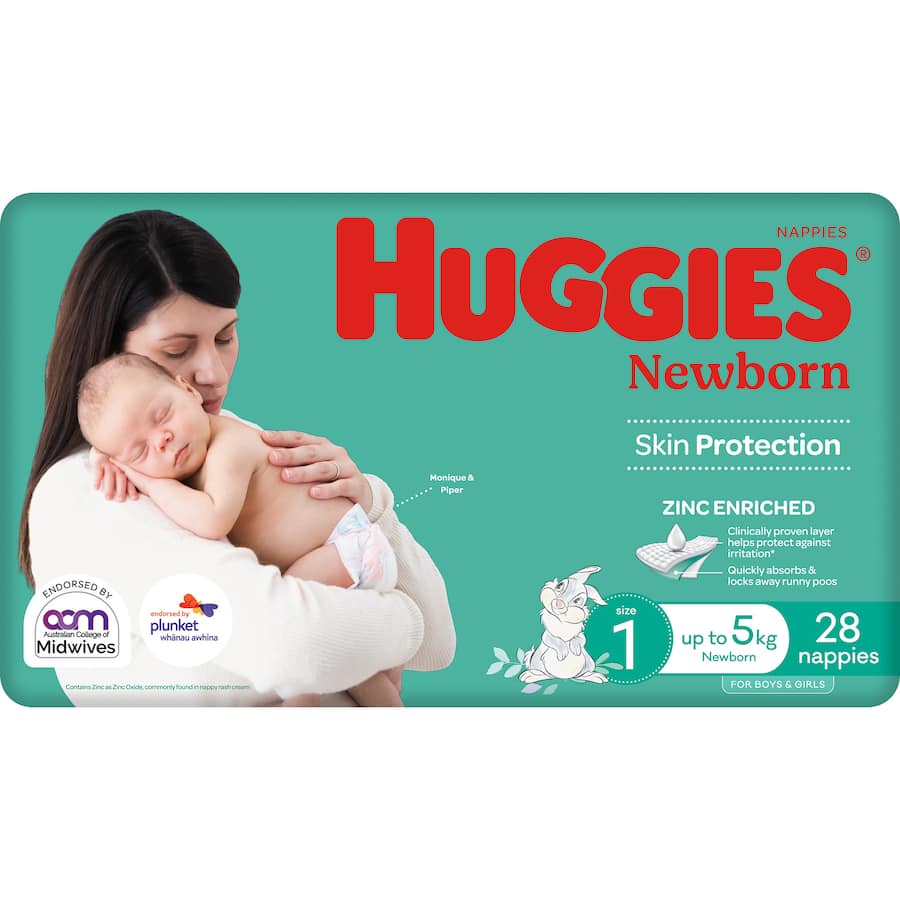 Huggies Newborn Nappies Size 1, up to 5kg, featuring wetness indicator, 12-hour leak protection, and soft, breathable design.