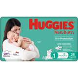 Huggies Newborn Nappies Size 1, up to 5kg, featuring wetness indicator, 12-hour leak protection, and soft, breathable design.