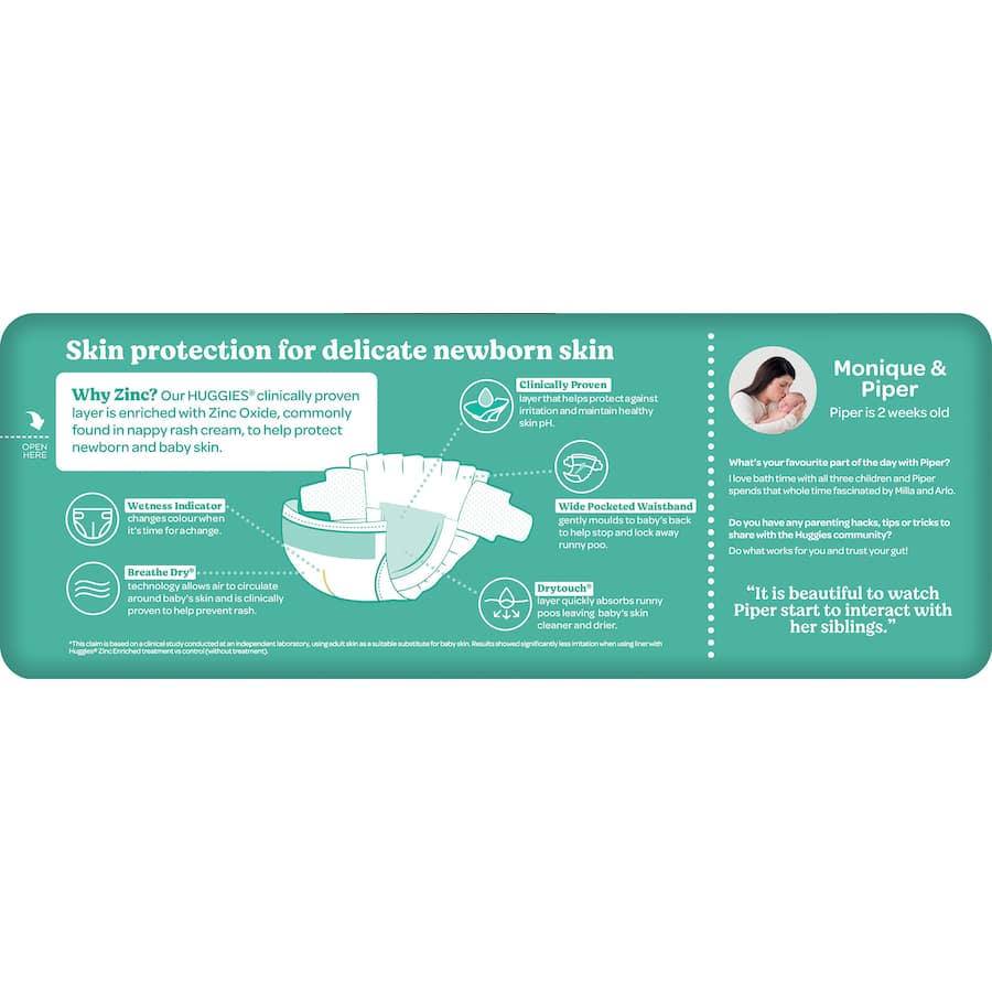 Huggies Newborn Nappies for babies up to 5kg with wetness indicator, 12-hour leakage protection, and breathable, soft materials.