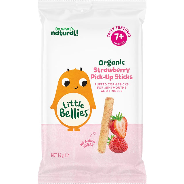 Soft organic baby snacks in stick shape, infused with strawberry flavor, perfect for self-feeding and nutrition.