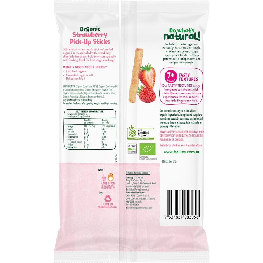 Organic baby snacks designed for self-feeding, with soft strawberry-infused puffed corn sticks for toddlers.