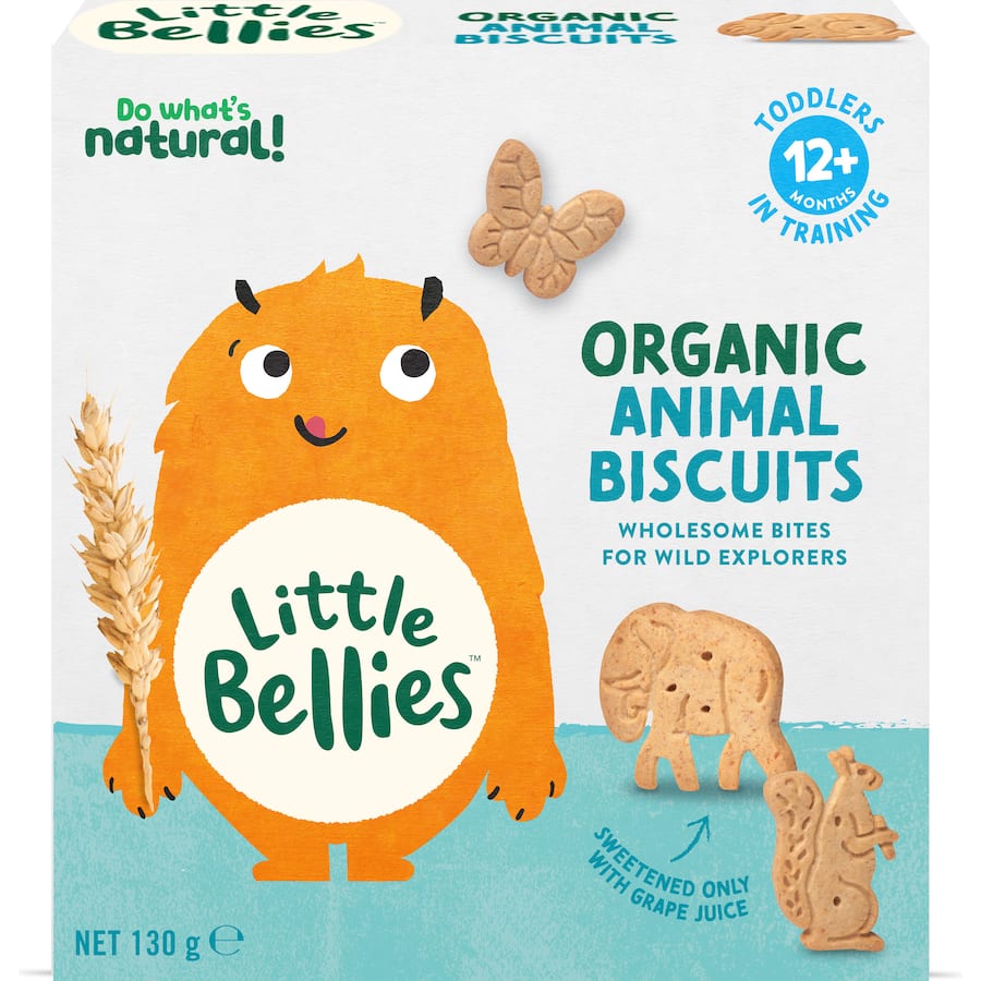 Wholegrain animal-shaped biscuits for toddlers, sweetened with grape juice concentrate for a healthy, fun snack.