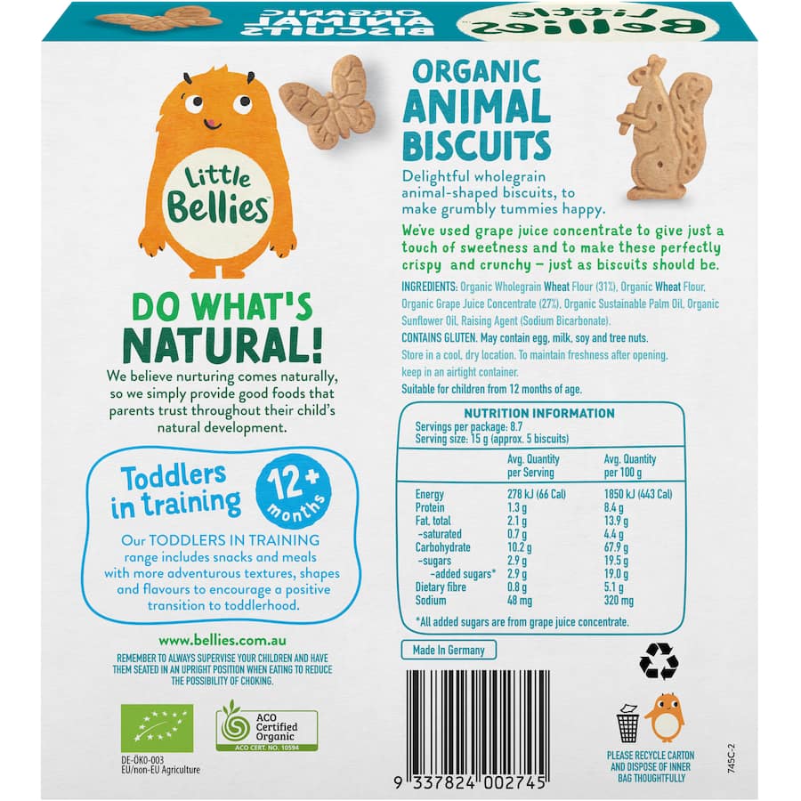 Organic wholegrain animal-shaped biscuits for toddlers, sweetened with grape juice, perfect for fun and nutritious snacking.