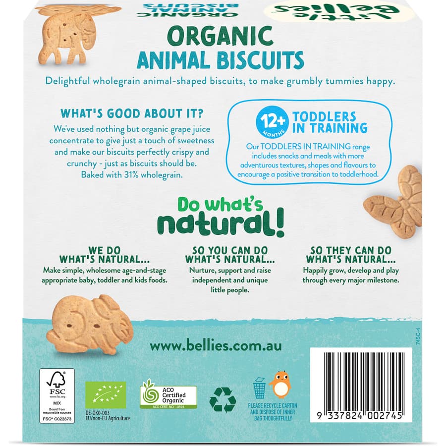Wholegrain animal-shaped biscuits for toddlers, sweetened with grape juice, perfectly crispy and crunchy, nutritious snack option.