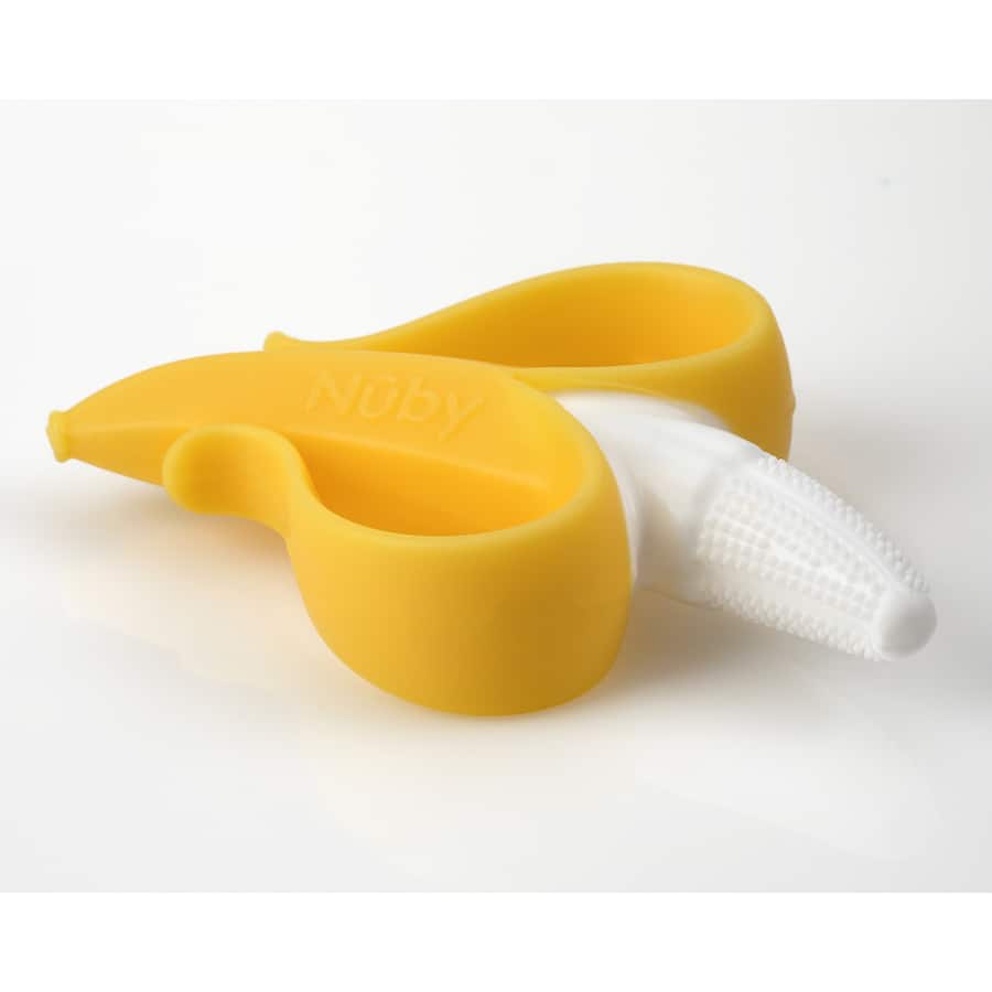 Nuby Nana Nubs Baby Toothbrush Massager in banana shape, soft silicone for gentle teething relief and early dental care.