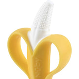 Nuby Nana Nubs Baby Toothbrush Massager in banana shape, featuring soft silicone and massaging bristles for gentle teething relief.