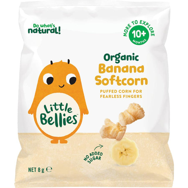 Organic Baby Bellies Banana Softcorn snacks, soft puffs for safe self-feeding, ideal for babies 10+ months.