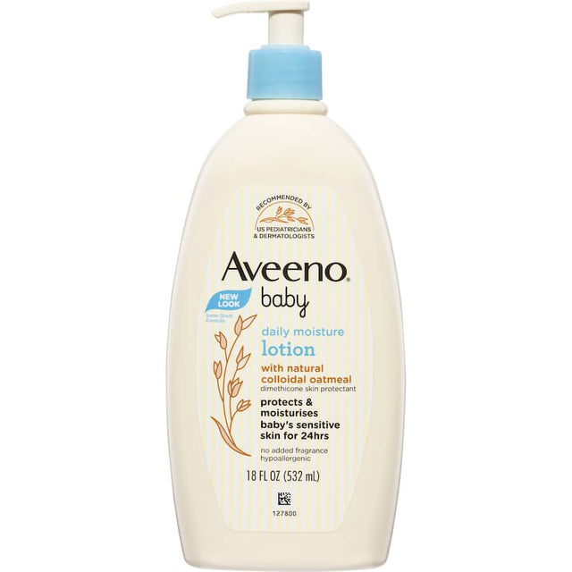 Aveeno Baby Daily Lotion in a bottle, designed for gentle hydration of sensitive baby skin with oatmeal and emollients.