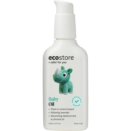 Gentle Ecostore Baby Oil with blackcurrant and almond oils, infused with lavender for soothing massages and sensitive skin care.
