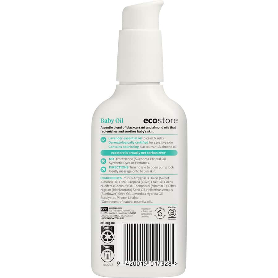 Ecostore Baby Oil, a plant-based blend of blackcurrant and almond oils, soothes and hydrates delicate baby skin.