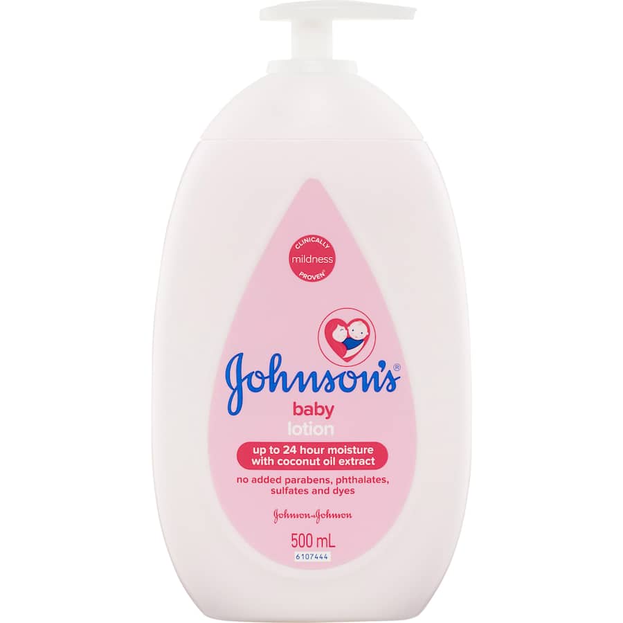 Johnson's Baby Lotion: hypoallergenic moisturizer with coconut oil, clinically proven mild, for 24-hour hydration on baby’s skin.