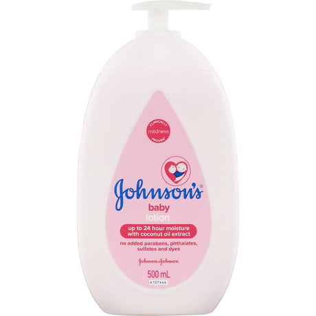 Johnson's Baby Lotion: hypoallergenic moisturizer with coconut oil, clinically proven mild, for 24-hour hydration on baby’s skin.