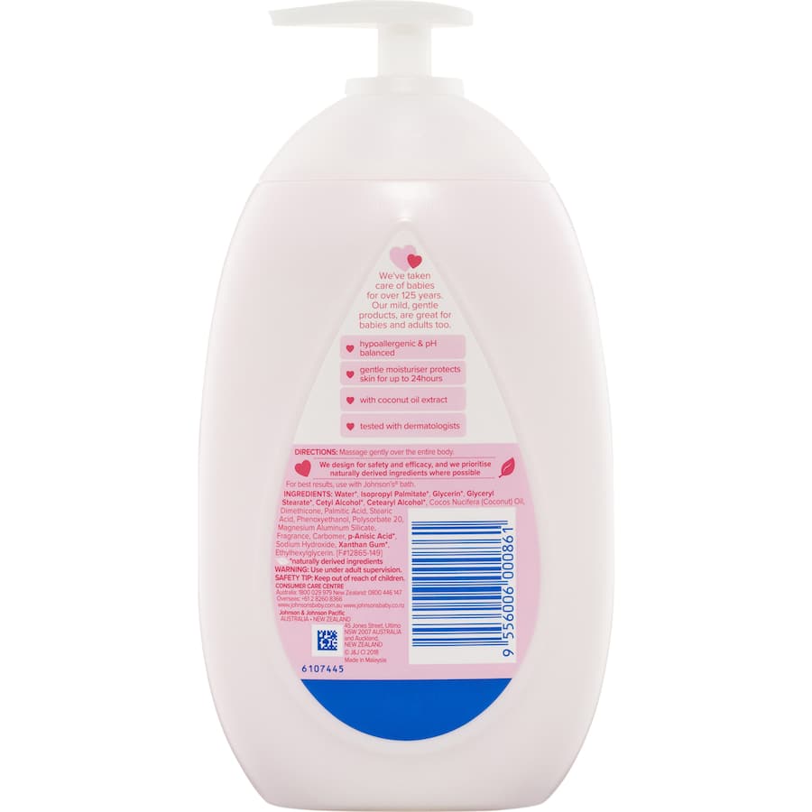 Johnson's Baby Lotion offers 24-hour hydration, enriched with coconut oil for gentle, hypoallergenic care of delicate skin.