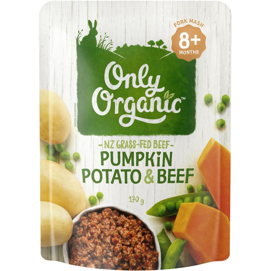 Organic baby food featuring pumpkin, potato, and New Zealand grass-fed beef, perfect for babies learning to chew.