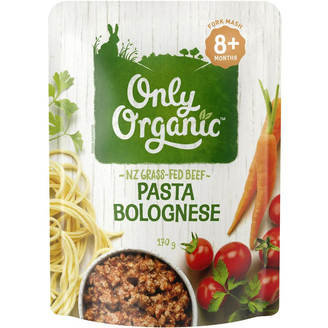 Only Organic Stage 2 Baby Food Pasta Bolognese with grass-fed beef, organic veggies, and wholegrain pasta for babies.