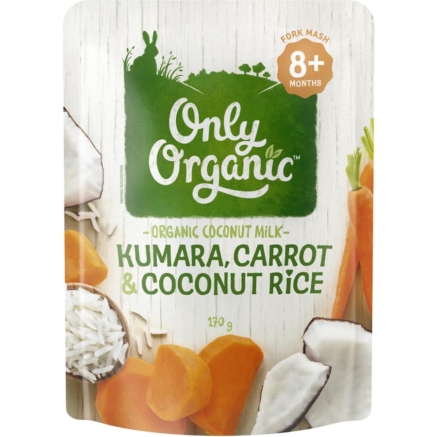 Organic baby food blend of kumara, carrot, and coconut rice, perfect for toddlers exploring new flavors and textures.