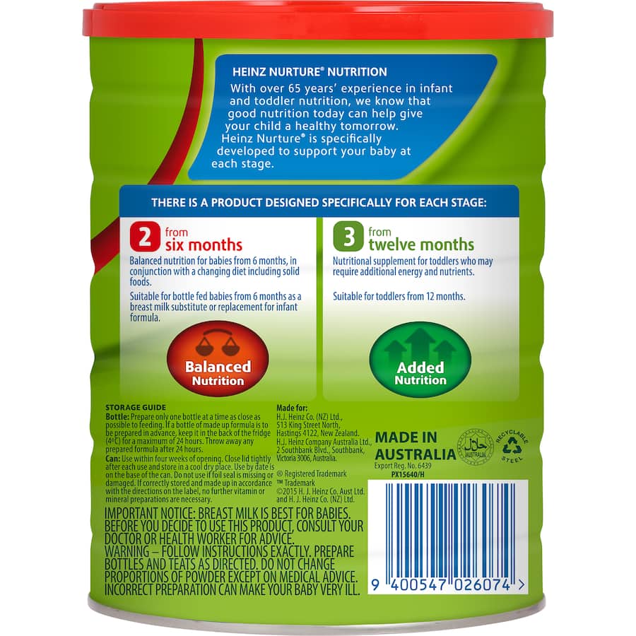 Heinz Nurture Stage 2 formula for babies 6 months+, providing balanced nutrition and casein milk protein for healthy growth.