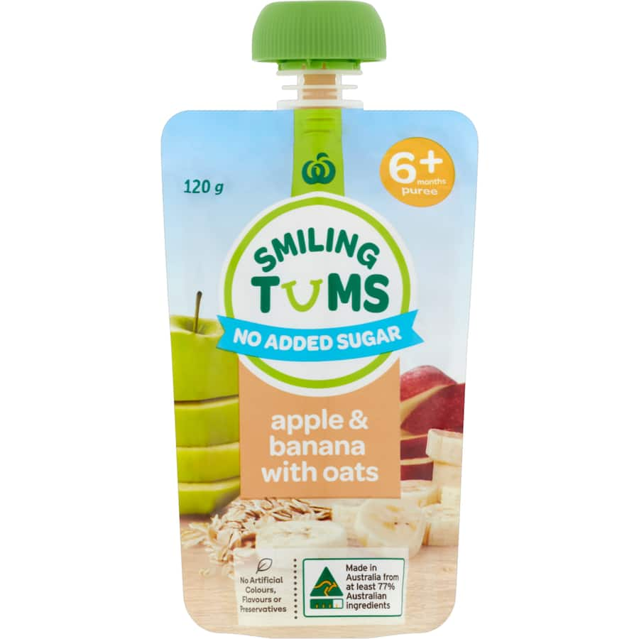 Woolworths Smiling Tums baby food pouch featuring apple, banana, and oats, perfect for nutritious, on-the-go meals for 6+ months.