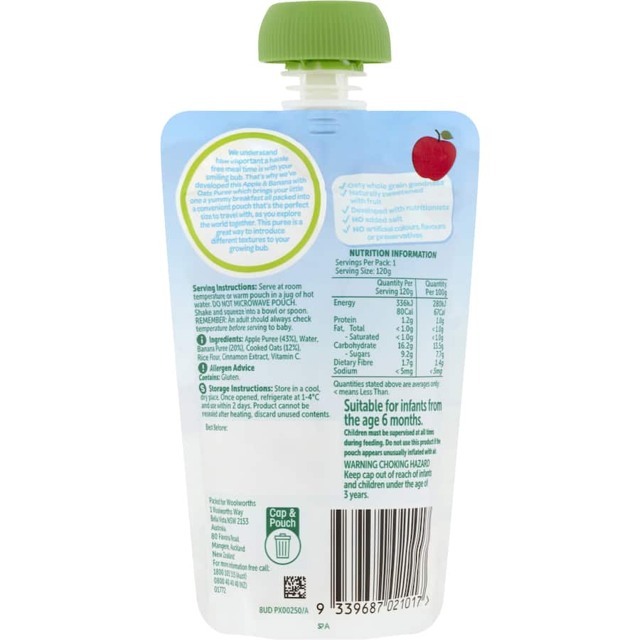 Woolworths Smiling Tums baby food pouch featuring apple, banana, and oats, perfect for nutritious meals for babies 6+ months.