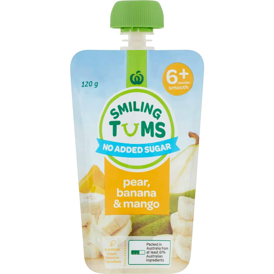 Woolworths Smiling Tums baby food pouch with pear, banana, and mango, perfect for introducing new flavors to babies.