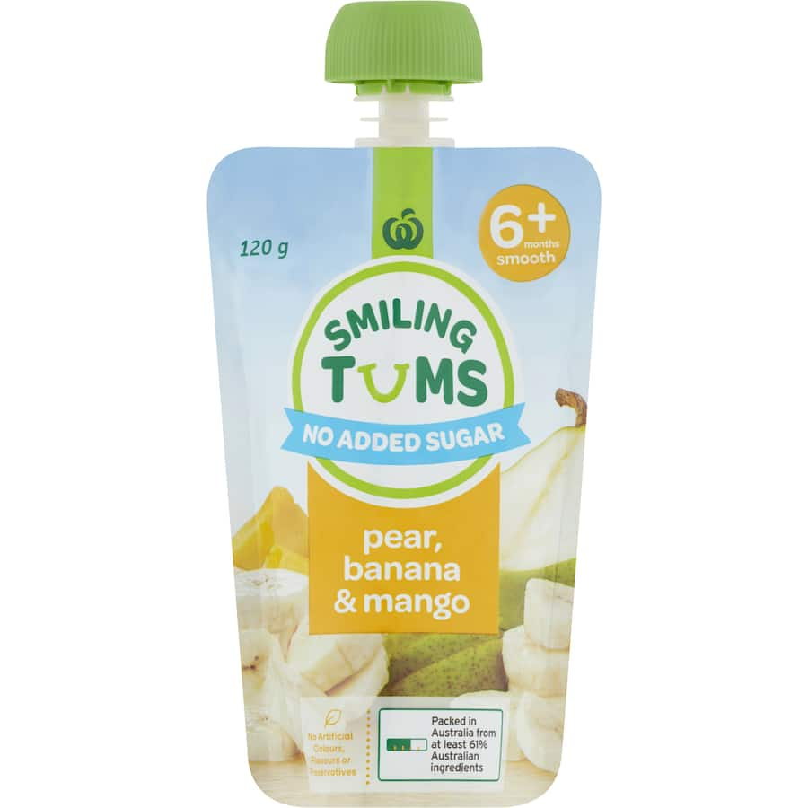 Woolworths Smiling Tums baby food pouch featuring pear, banana, and mango puree, perfect for nutritious and convenient mealtimes.