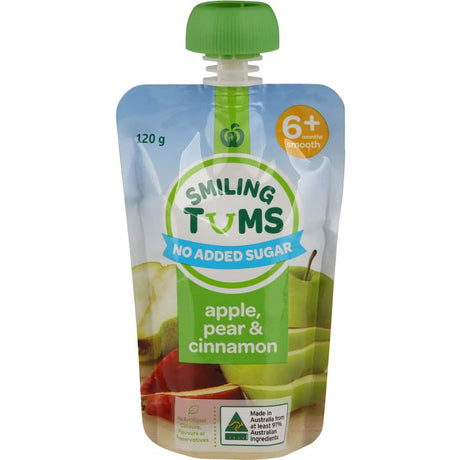 Woolworths Smiling Tums baby food pouch featuring a smooth apple, pear, and cinnamon puree for nutritious feeding on-the-go.