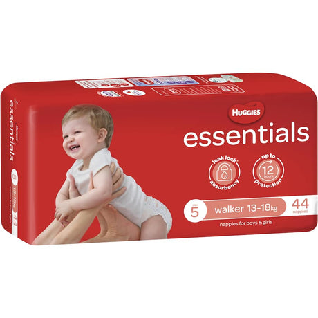 Huggies Essentials Nappies Size 5: Soft, absorbent with leak protection, featuring fun Mickey designs and a wetness indicator.