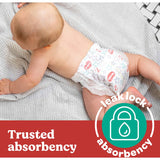 Huggies Essentials Size 5 nappies feature leak protection, moisture-locking, soft stretch, and fun Mickey Mouse designs.