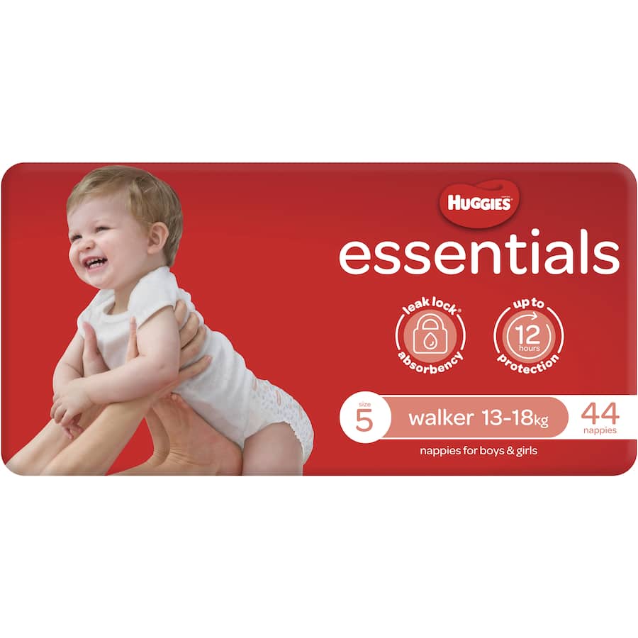 Huggies Essentials Nappies Size 5 for toddlers, featuring Mickey designs, leak protection, and a wetness indicator.