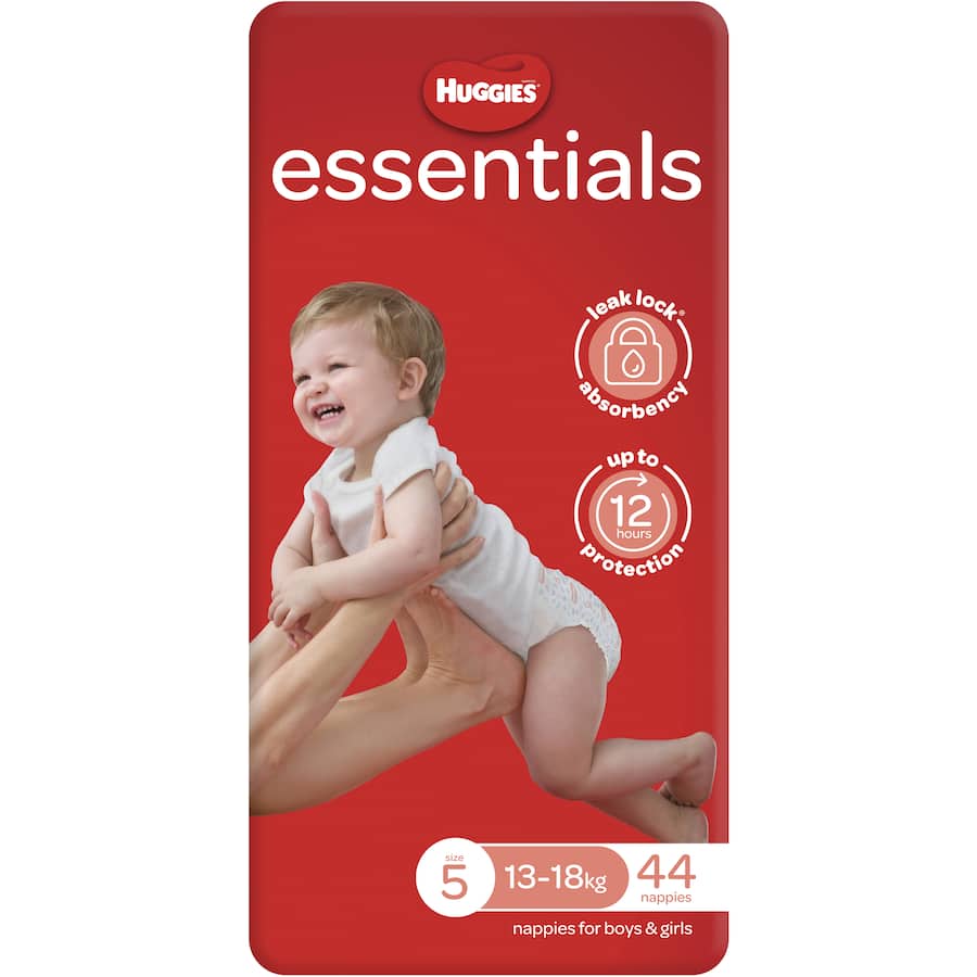 Huggies Essentials Nappies Size 5 for toddlers, featuring leak protection, soft stretch sides, and fun Mickey Mouse designs.