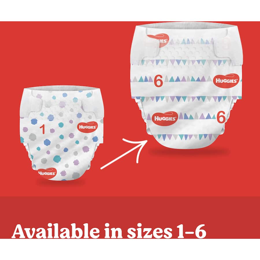 Huggies Essentials Nappies Size 5 with Mickey Mouse designs, offering 12-hour leak protection and wetness indicator.