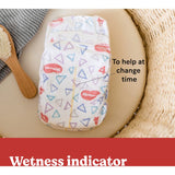 Huggies Essentials Nappies Size 5 with 12-hour leak protection, stretchy fit, wetness indicator, and fun Mickey Mouse designs.