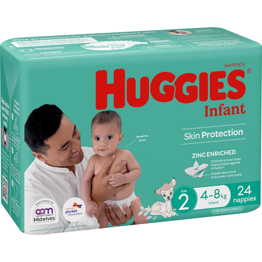 Huggies Infant Nappies Size 2, ensuring comfort, leak protection, and rash prevention for babies 4-8kgs.
