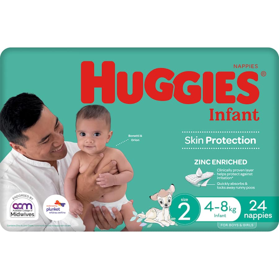 Huggies Size 2 infant nappies (4-8kgs) offer comfort, leakage protection, and skin-friendly materials for happy, dry babies.