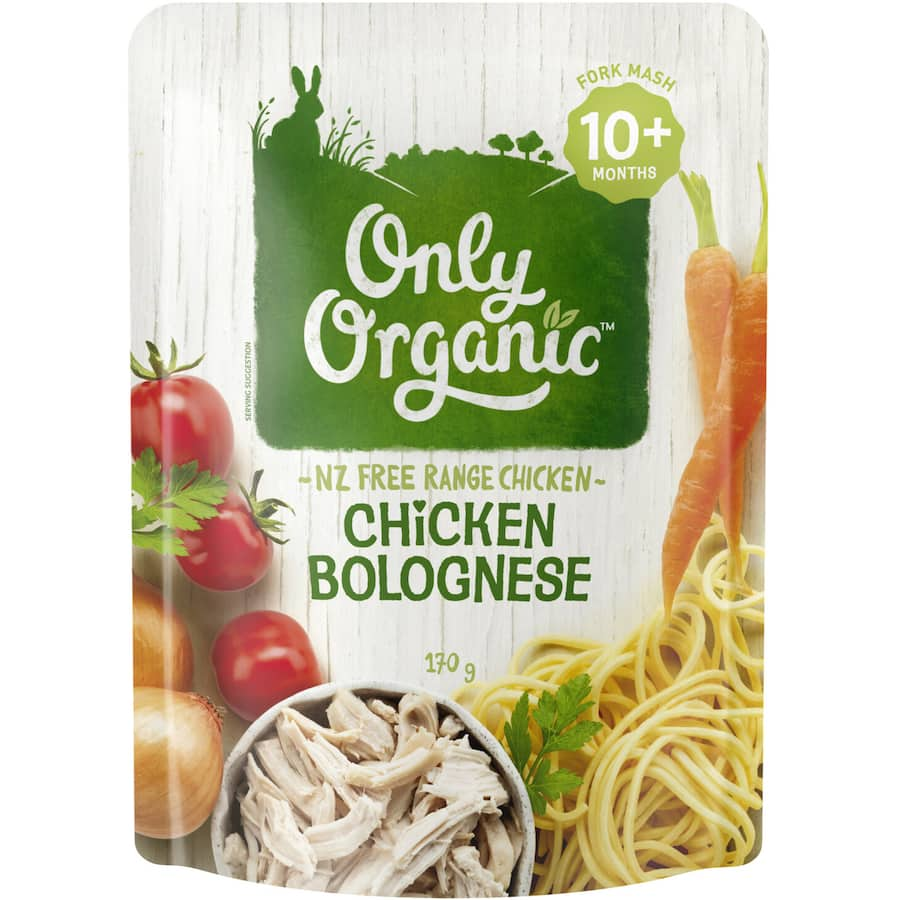 Hearty Only Organic Stage 3 Baby Food Chicken Bolognese made with free-range chicken and seasonal veggies for toddlers.