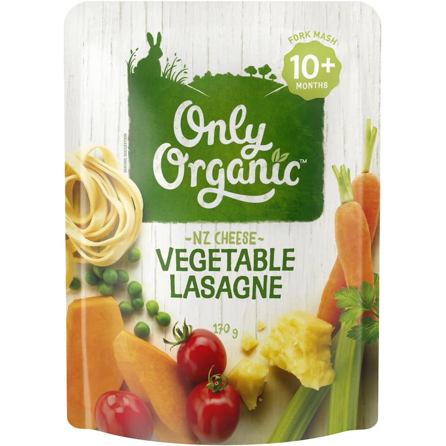 Organic Stage 3 Vegetable Lasagne, featuring cheese, carrots, pumpkin, and peas, ideal for babies 10 months and up.