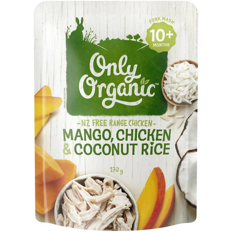 A jar of Only Organic 10 Months + Baby Food Mango Chicken featuring fork-mashed chicken, mango, and pumpkin for nutritious baby meals.