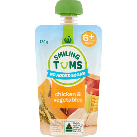 Woolworths Smiling Tums Baby Food Chicken & Vegetables puree in a pouch, perfect for convenient, nutritious meals for babies 6+ months.