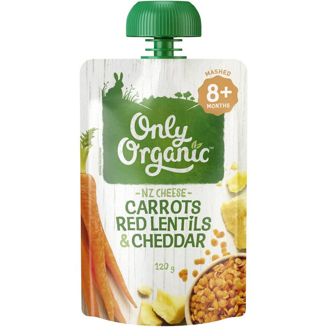 Only Organic Stage 3 Baby Food with carrots, red lentils, and cheddar, offering nutritious flavors for growing babies.