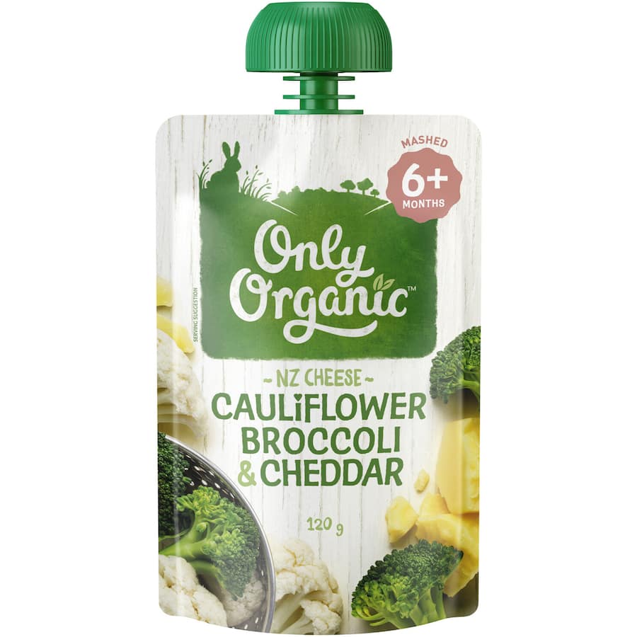 Organic Stage 2 baby food with cauliflower, broccoli, and creamy New Zealand cheddar, ideal for introducing veggies to infants.