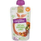 Organic beef baby food with vegetables and rice, perfect for babies 6+ months, promoting healthy growth and development.